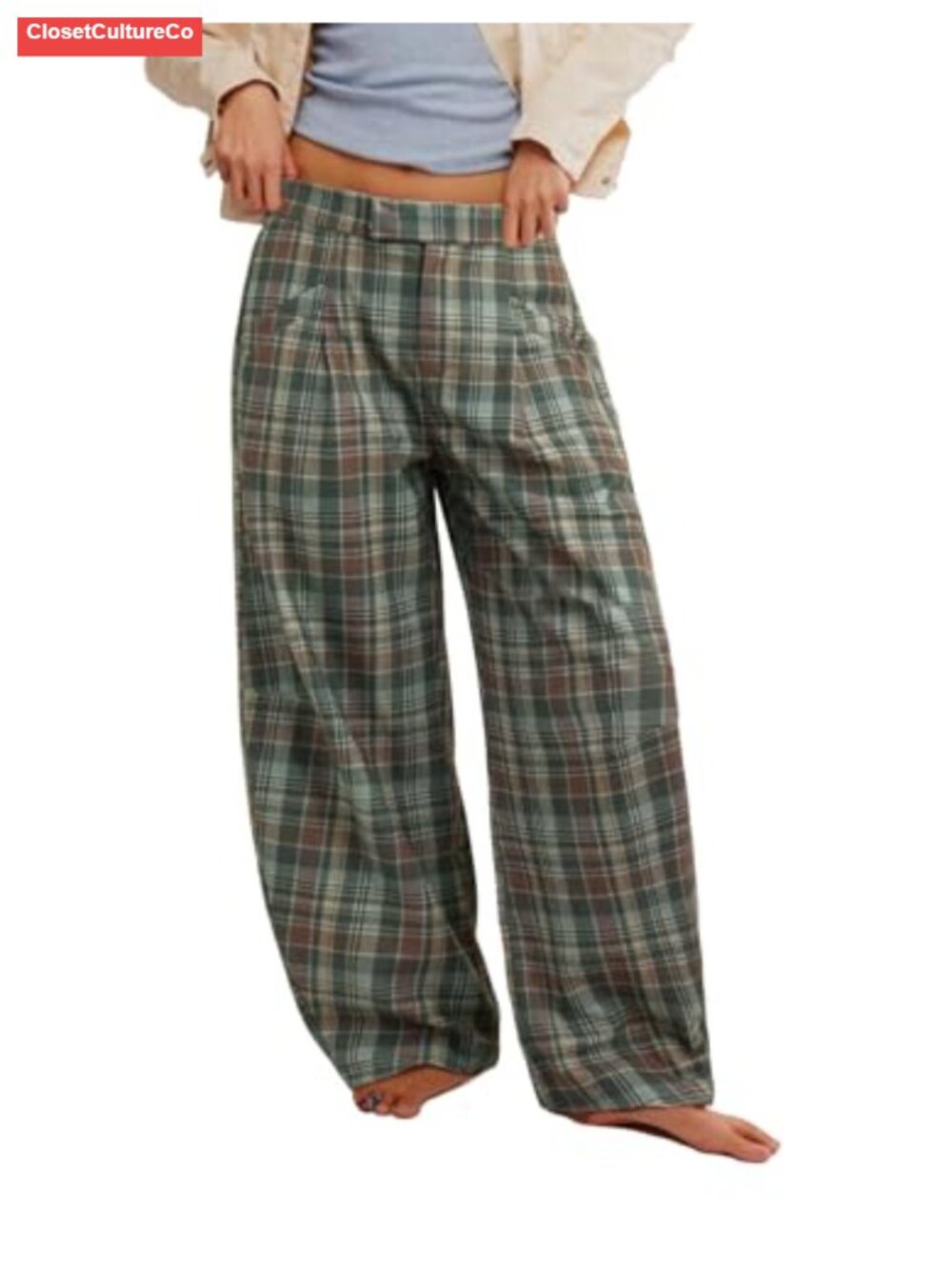 Women's Plaid Wide Leg High Waisted Baggy Trousers Pleated Work Slacks